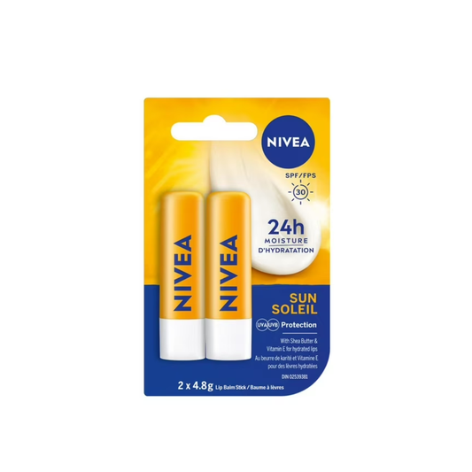 NIVEA Sun Caring 24H Moisture Lip Balm Sticks with SPF 30, 2 Pack