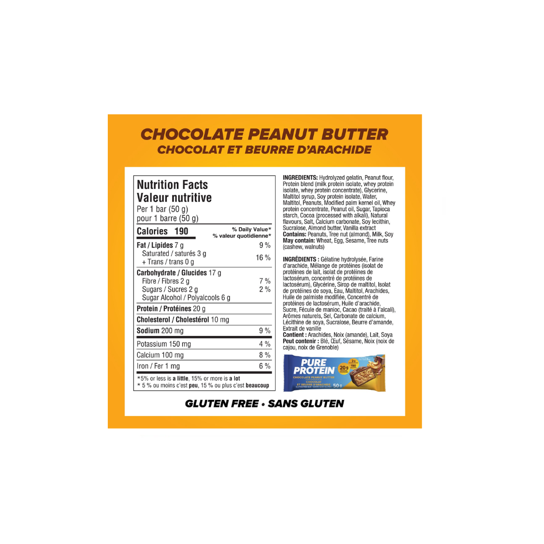 Pure Protein Chocolate Peanut Butter, 20 g of protein, gluten free, 12 X 50 g bars