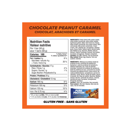 Pure Protein Chocolate Peanut Caramel, 20 g protein, gluten free, 12 X 50 g bars