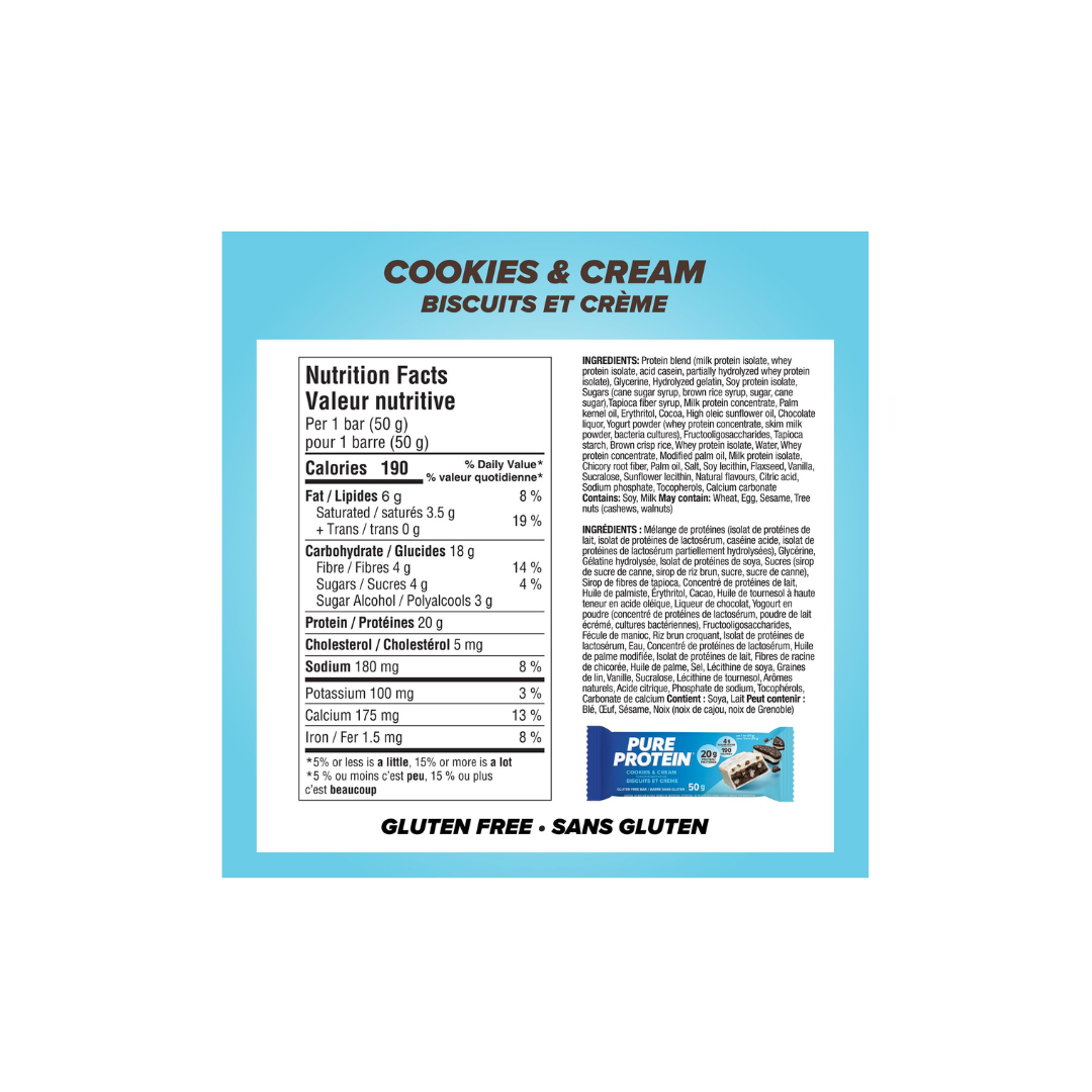 Pure Protein Cookies and Cream Bars-20 g Protein, Low Sugar, Gluten Free Snack with Whey Blend, 6 x 50 g