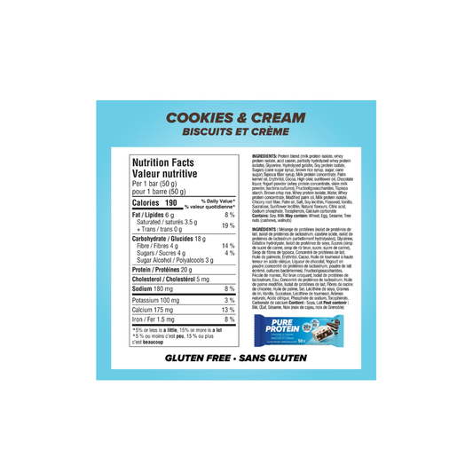 Pure Protein Cookies and Cream Bars-20 g Protein, Low Sugar, Gluten Free Snack with Whey Blend, 6 x 50 g