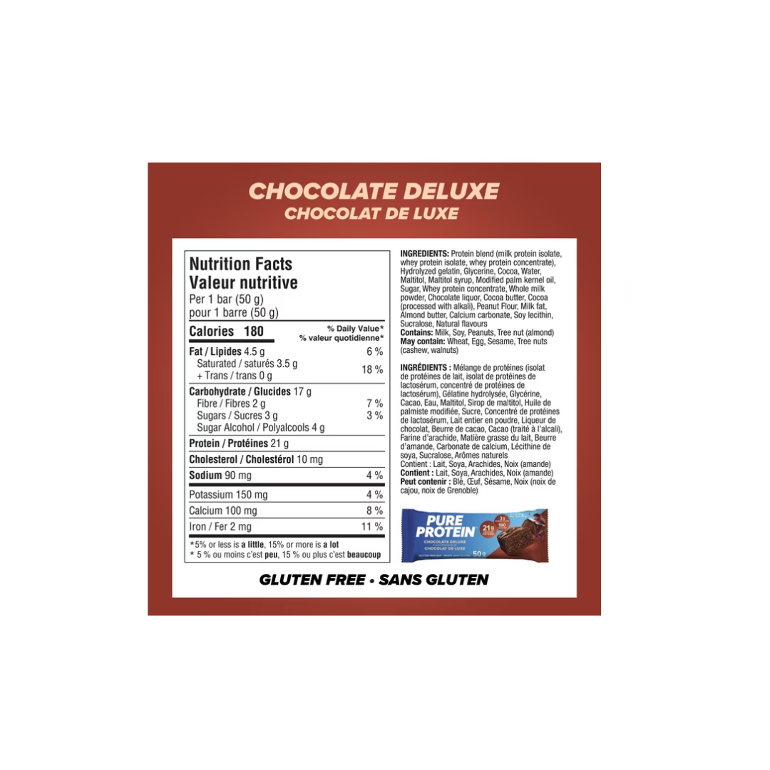Pure Protein Chocolate Deluxe Bars | 21g Protein | Gluten Free | 3g Sugar | 12 x 50g Bars | High Protein Snack for Energy & Muscle Recovery