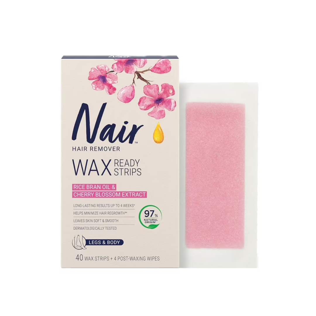 Nair Wax Ready Hair Removal Strips for Legs and Body with Rice Bran Oil and Cherry Blossom Extract, 40 Strips + 4 Finishing Wipes