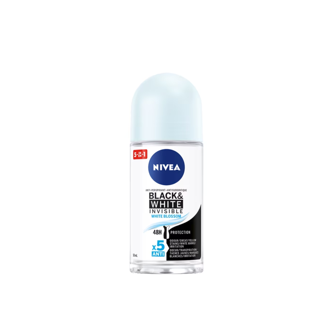 NIVEA Black & White Invisible Roll-On 72-Hr Antiperspirant Deodorant, White Blossom, 50ml