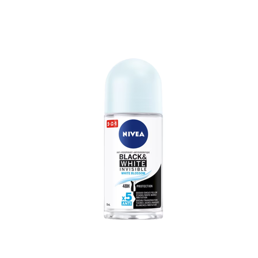 NIVEA Black & White Invisible Roll-On 72-Hr Antiperspirant Deodorant, White Blossom, 50ml