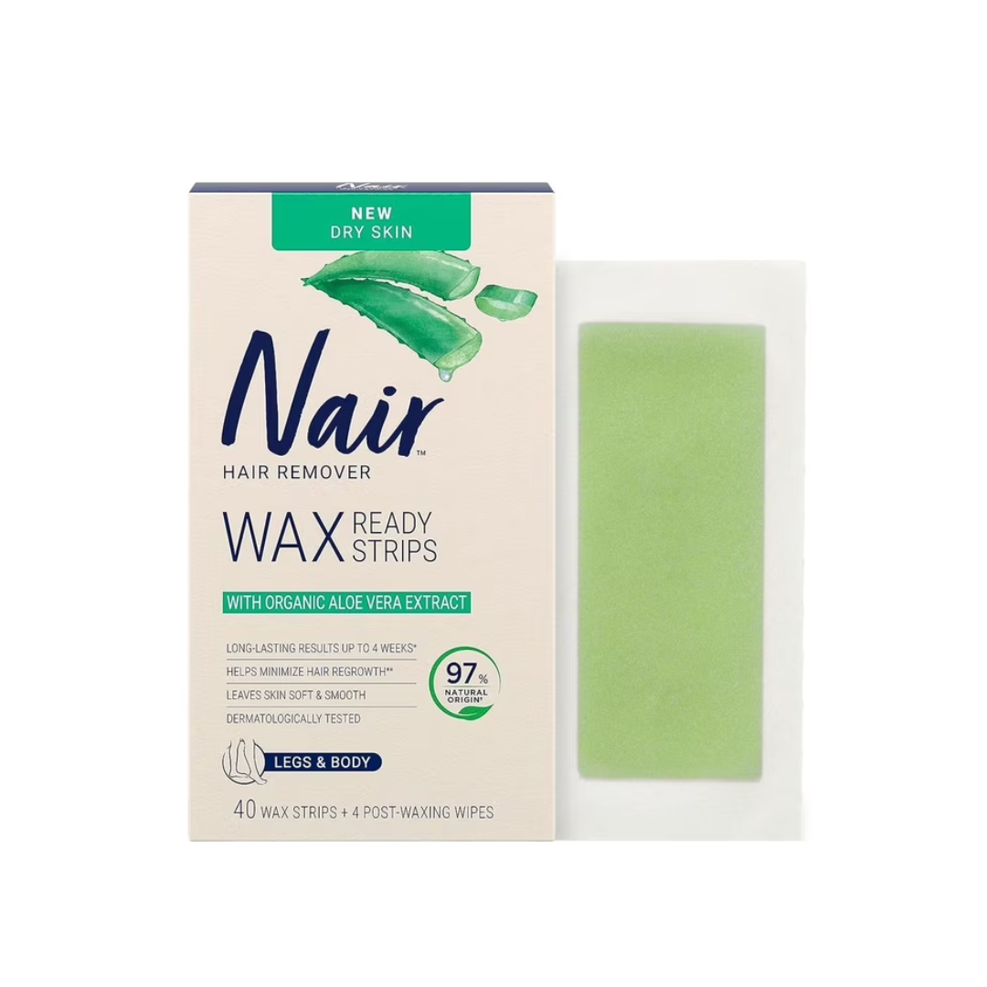 Nair Hair Removal Wax Strips  with Soothing Aloe Vera for Dry Skin, Made with 97% Natural Ingredients, 40 Strips