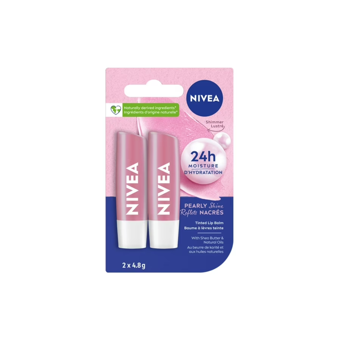 NIVEA Pearly Shine 24H Moisture Lip Balm Sticks, 2 Pack