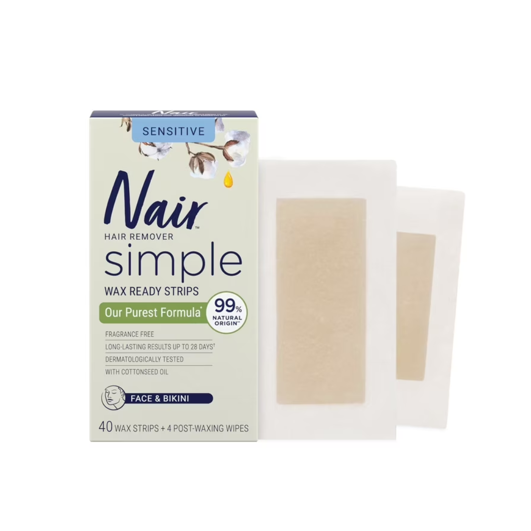 Nair Simple Wax Strips for Face & Bikini, with Cotton Seed Oil for Sensitive Skin, 40 Wax Strips + 4 Post-Waxing Wipes