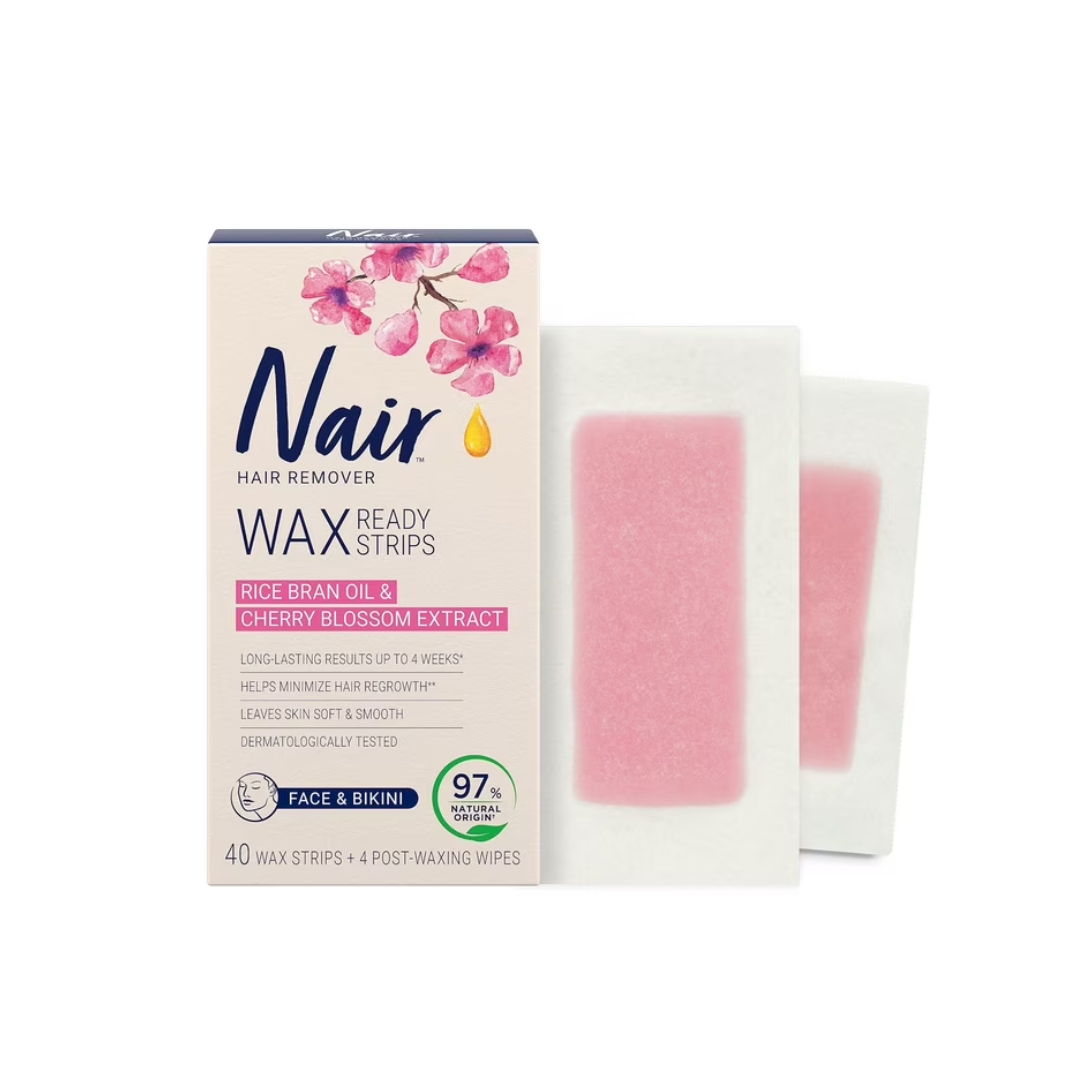 Nair Wax Ready Strips for Legs & Body with Skin Softening Cherry Oil, for Sensitive Skin, 40 Strips + 4 Finishing Wipes